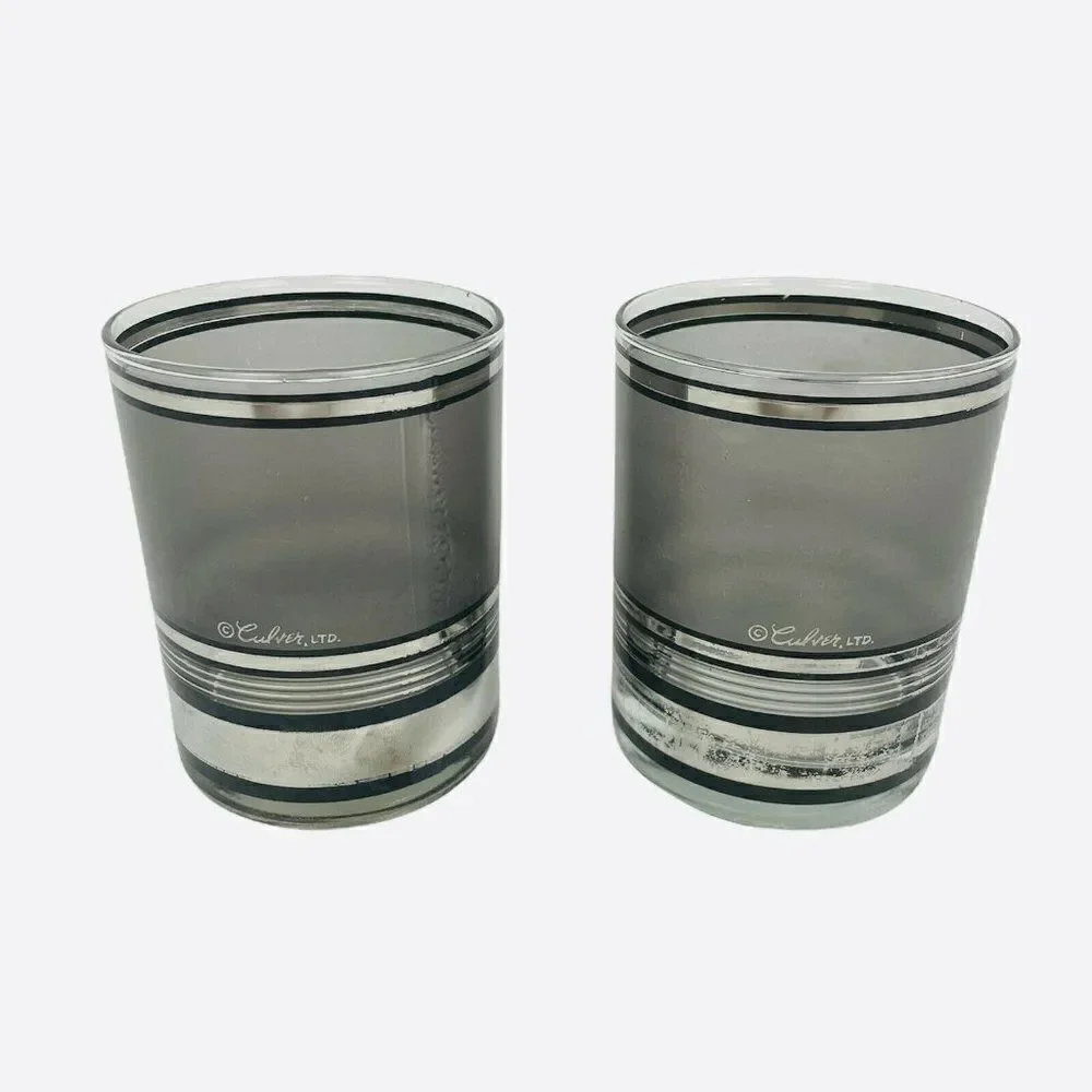 Vintage MCM Culver Silver Stripe Glass Set of 2 Bar Whiskey Loball Hiball Pair
